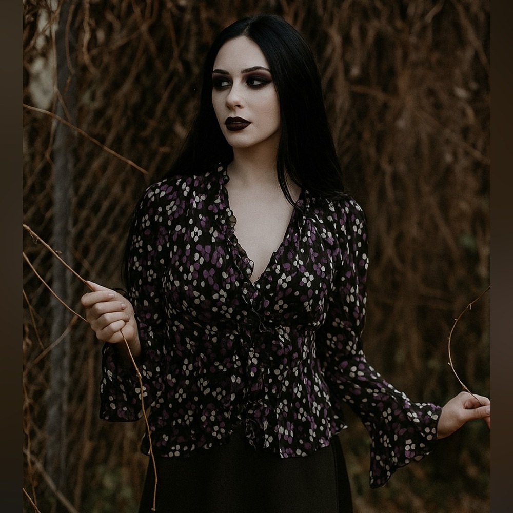 Vtg 90s Y2K Top M Whimsigoth‎ Flare Sleeve Fairy Grunge Babydoll Purple Black
